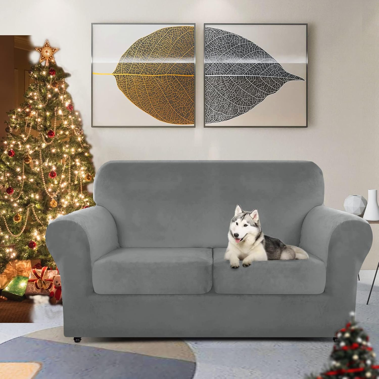 ZNSAYOTX Luxury Velvet Sofa Cover 3 Piece (57"-70") Stretch Loveseat Covers for 2 Cushion Couch Thick Soft Couch Slipcover with Non Slip Strap, Dog Pet Friendly Nice Furniture Protector (Grey)