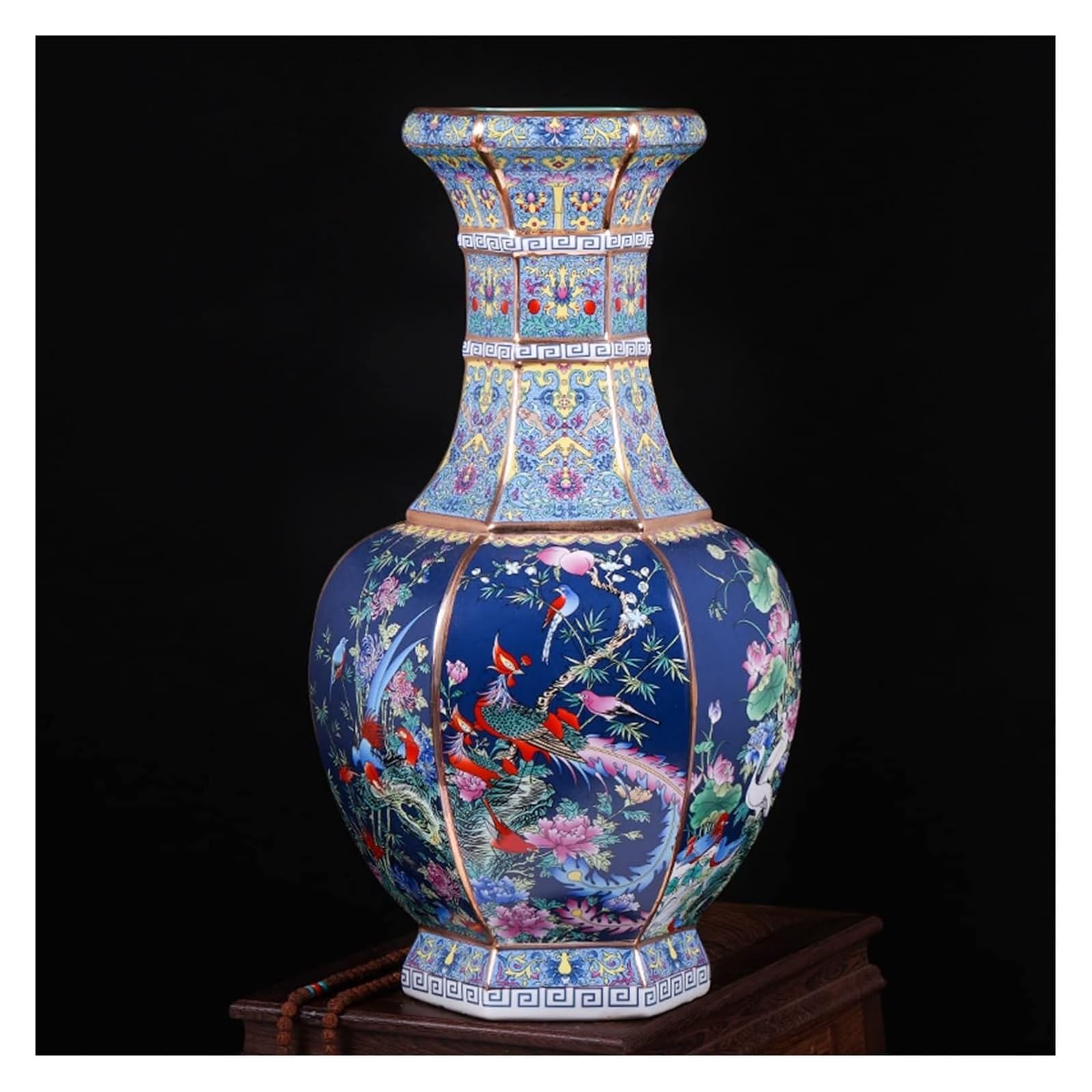SnamicE Vase Tabletop Enamel Antique Hexagonal Tall Vase Floor Ceramic Furnishing Articles Large Floor Vases 27 * 51cm,A Blue