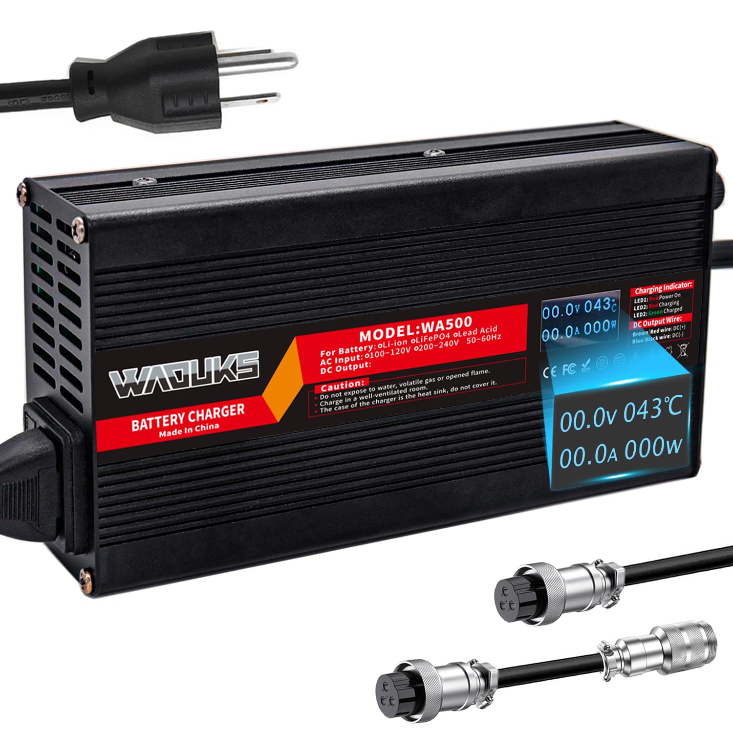 WAOUKS 58.8V 8A Li-ion Battery Charger Used for 14S 51.8V 52V Lithium Battery with OLED Display Cooling Fan Smart Charge GX16-3pin 1+3- Connector