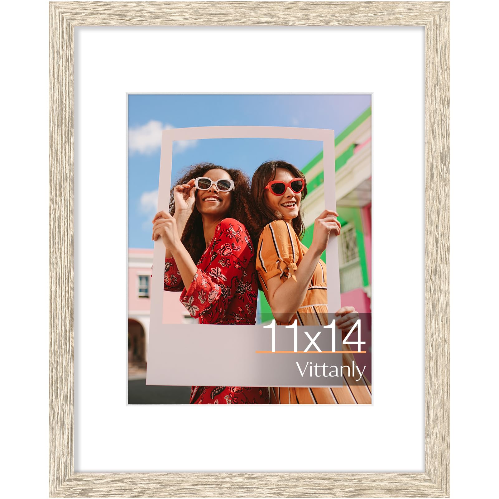 Vittanly 11x14 Picture Frame, Engineered Wood with Shatter Resistant Plexiglass, Display Pictures 8x10 with Mat or 11x14 without Mat, Photo Frame for Wall Mounting, Light Natural, 1 Pack — image 1