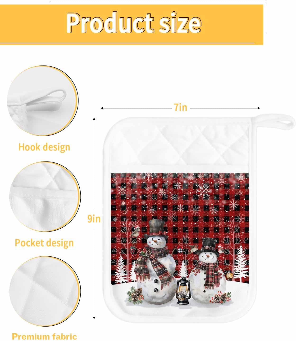 4PCS Pot Holders with Pocket for Kitchen, Red Plaid Christmas Pot Holder Set Heat Insulation Potholders, Snowman Snowflake Winter Oven Mitts Hot Pads for Baking Cooking Barbecue