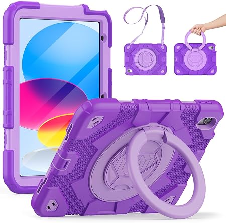 SCSVPN Kids Case for iPad A16 11th Generation 11 inch 2025/iPad 10th Generation 10.9 2022, Shockproof Rugged Cover with Pencil Holder, 360 Rotate Stand & Foldable Handle, Shoulder Strap, Purple