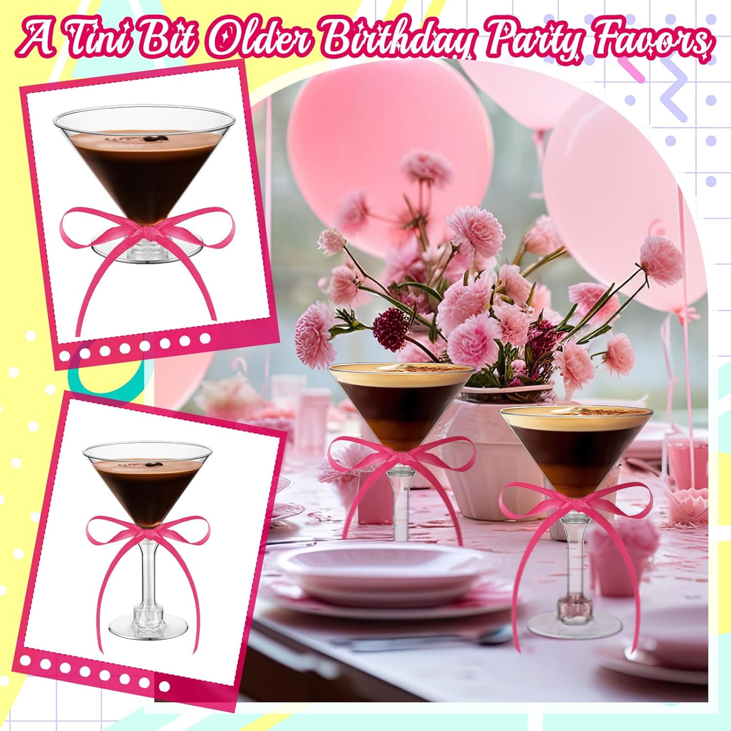 Rtteri 36 Pcs Hot Pink Disposable Plastic Espresso Martini Cups Bulk Pink Birthday Party Decor 5 oz a Tini Bit Older Party Supplies Cups with Ribbon Wedding Bachelorette Bridal Shower Decoration