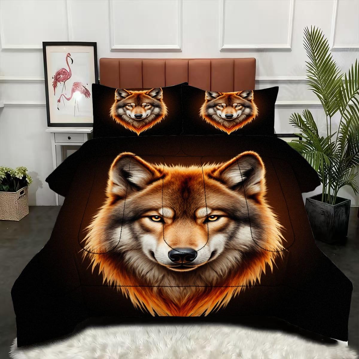 Couette 200 x 200 cm 3D avec 2 taies d'oreiller loup en microfibre