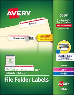 TrueBlock File Folder Labels, 2/3" x 3-7/16", 1,500 Printable Labels, White/Red, Permanent (5066)