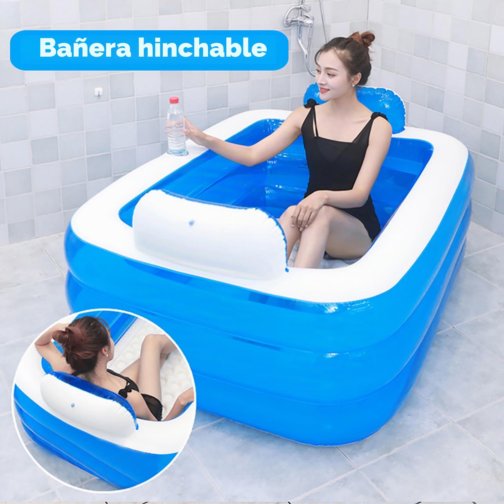 Bañera inflable portátil de spa, bañera de hidromasaje para 2 personas, tamaño adulto con respaldo y drenaje, PVC grueso plegable, para el hogar, al aire libre, viajes, piscinas