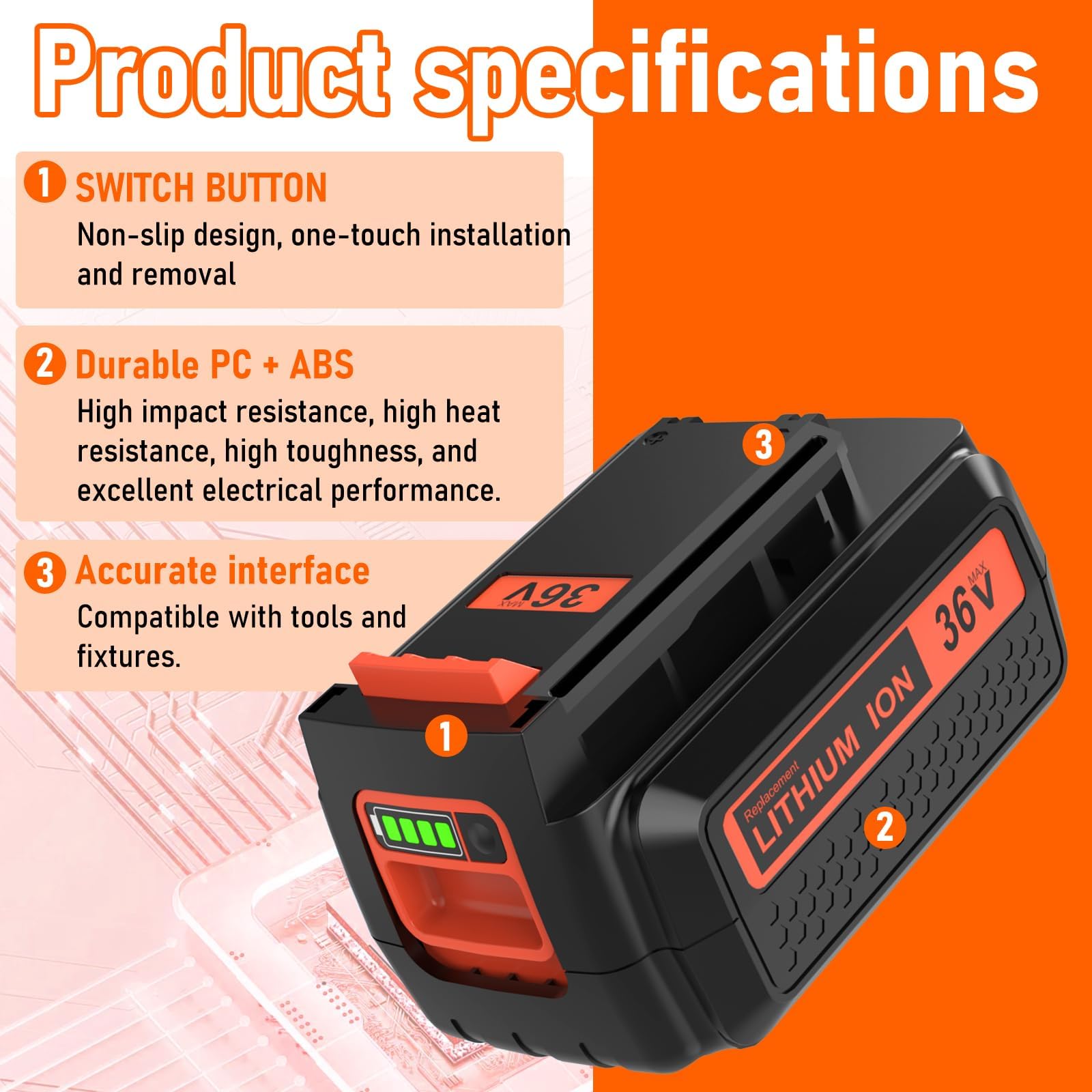 per Black Decker 36V 2500mAh batteria di ricambio 2.5Ah BL2018 LBXR20 LBXR2020-OPE LB20 LBX20 BL2018-XJ 194205-3 194309-1 194204-5 196399-0 196673-6 LXT-400 (1 * 36V 2.5Ah batteria)