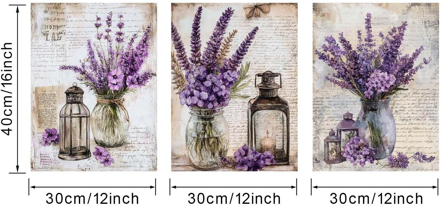 ChaudArt 3 Pieces Lavender Wall Art Country Floral Canvas Prints Painting Rustic Purple Flower Pictures Framed Artwork Home Decor for Bathroom Dining Living Room