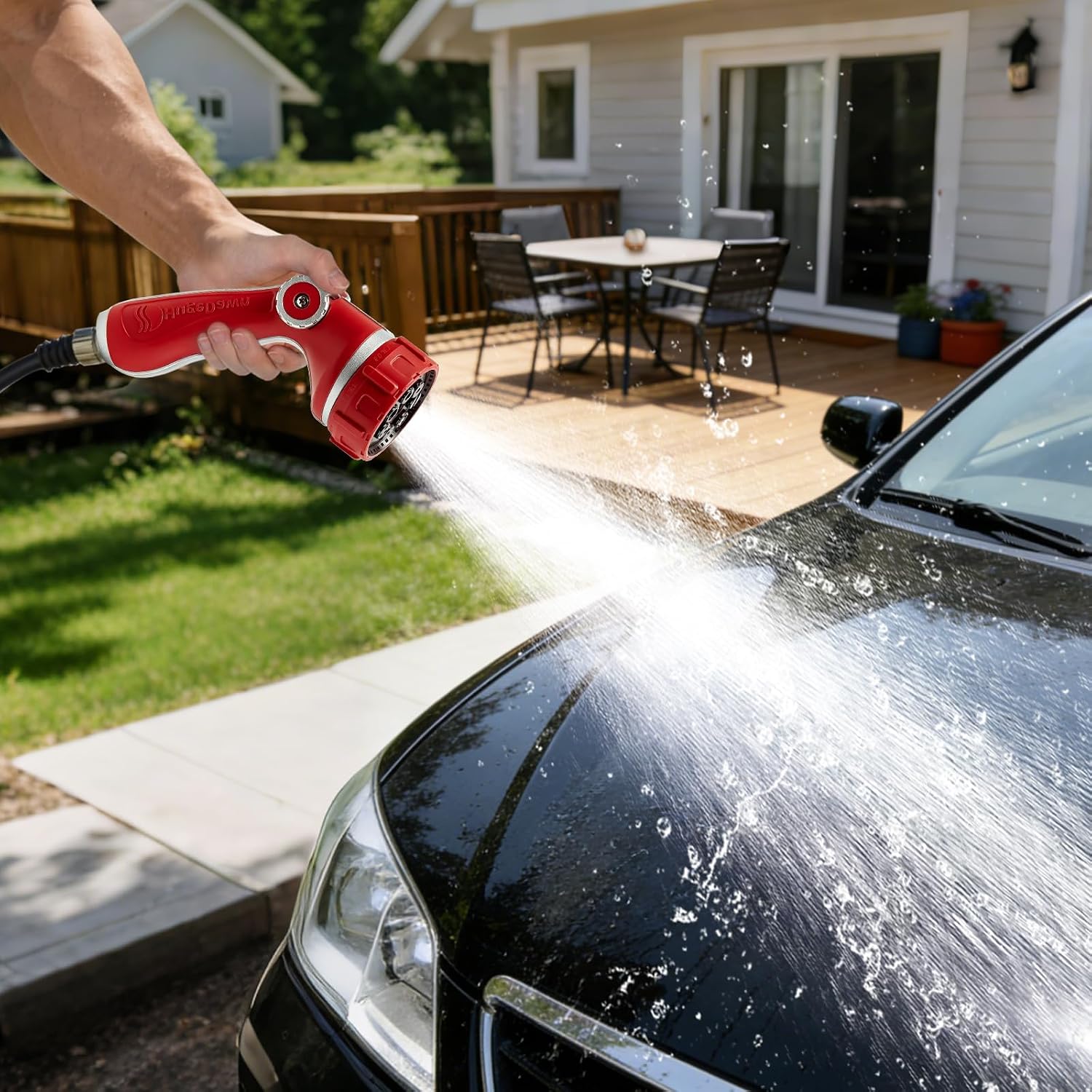 HugeDawn Garden Hose Nozzle with 7 Spray Patterns, Heavy Duty Metal Sprayer 30% Greater Water Flow for Watering, Car Wash, Outdoor Cleaning (Red) image 2