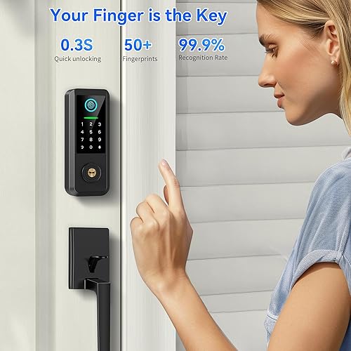 Miniatura 2 de Cerradura de puerta inteligente de huellas dactilares con asa, cerradura de puerta de entrada sin llave con teclado, cerrojo de seguridad 5 en 1,