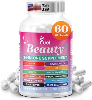 Fuel Beauty+ 24-in-1 Hair, Skin & Nails Vitamins for Women | 5000mcg Biotin, Hyaluronic Acid & Saw Palmetto, Hair Growth & Nail Strength, Skin Glow, 60 Capsules