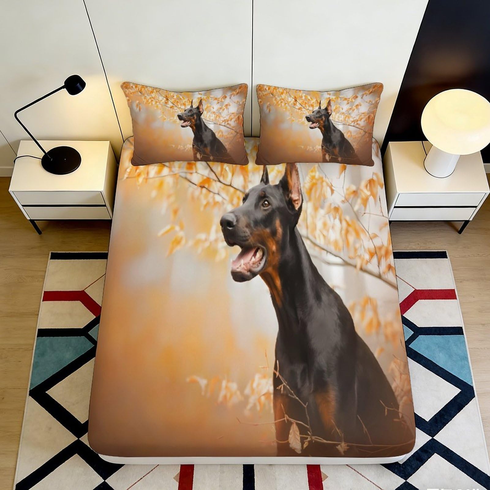 3D Printed Autumn Leaves Doberman Fitted Sheet Microfiber Soft Breathable Dog Bed Cover for Bedroom Dorm Decor 90x200x25cm