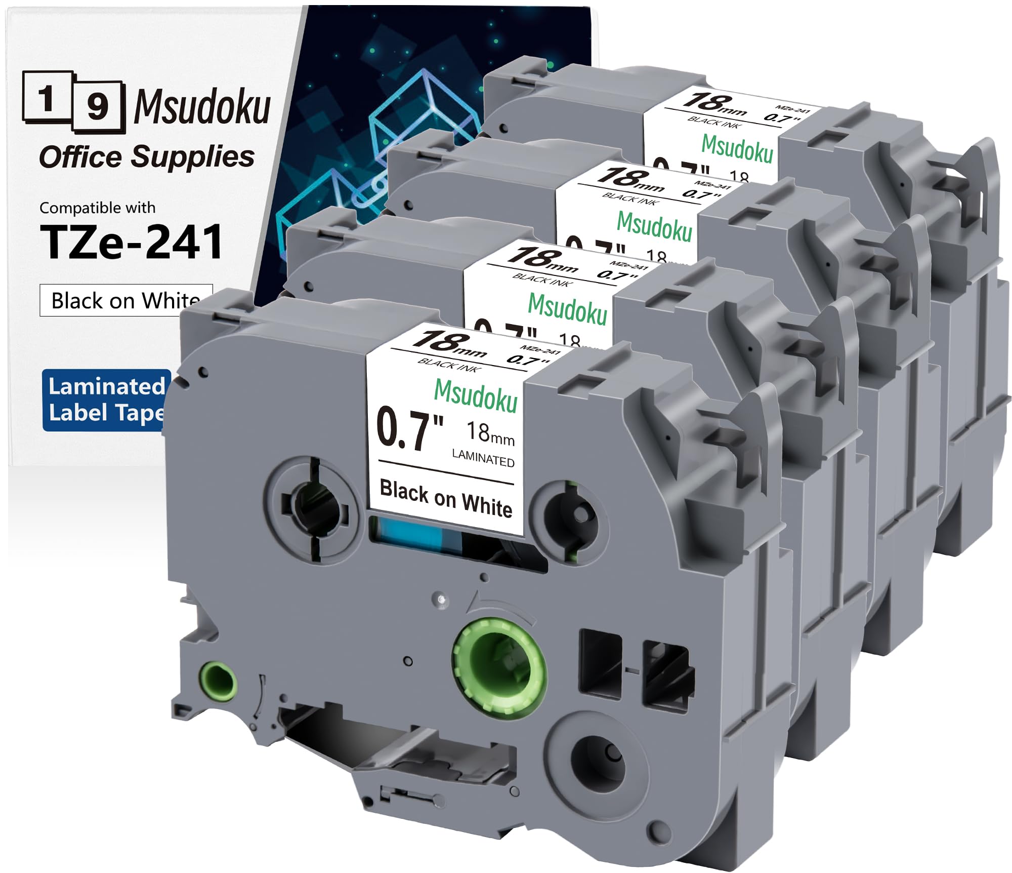 TZe 241 TZe TZ Tape 18mm 0.7 Laminated White Compatible for Brother Label Maker 18mm 0.7 White Tape TZe-241 TZe241 3/4 Inch Black on White Refill for P Touch PT-D400 PTD600, 4 Pack