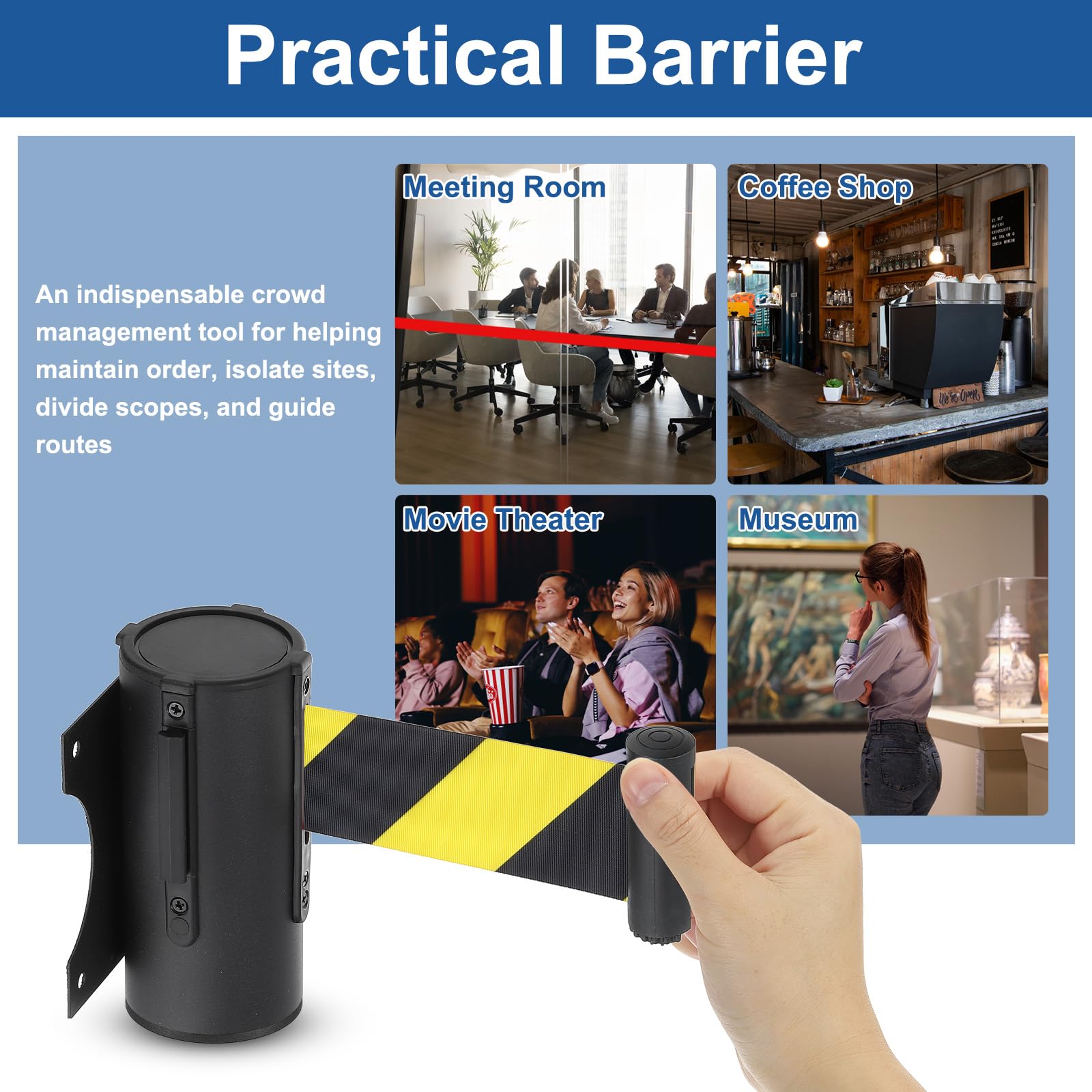 QUARKZMAN Soporte Pared Fijo Con Barrera Retráctil Cinta 9.84 Pies Cintas Retráctiles Para Control Multitudes Cola Cinta Diagonal Negro Y Amarillo Paquete 4