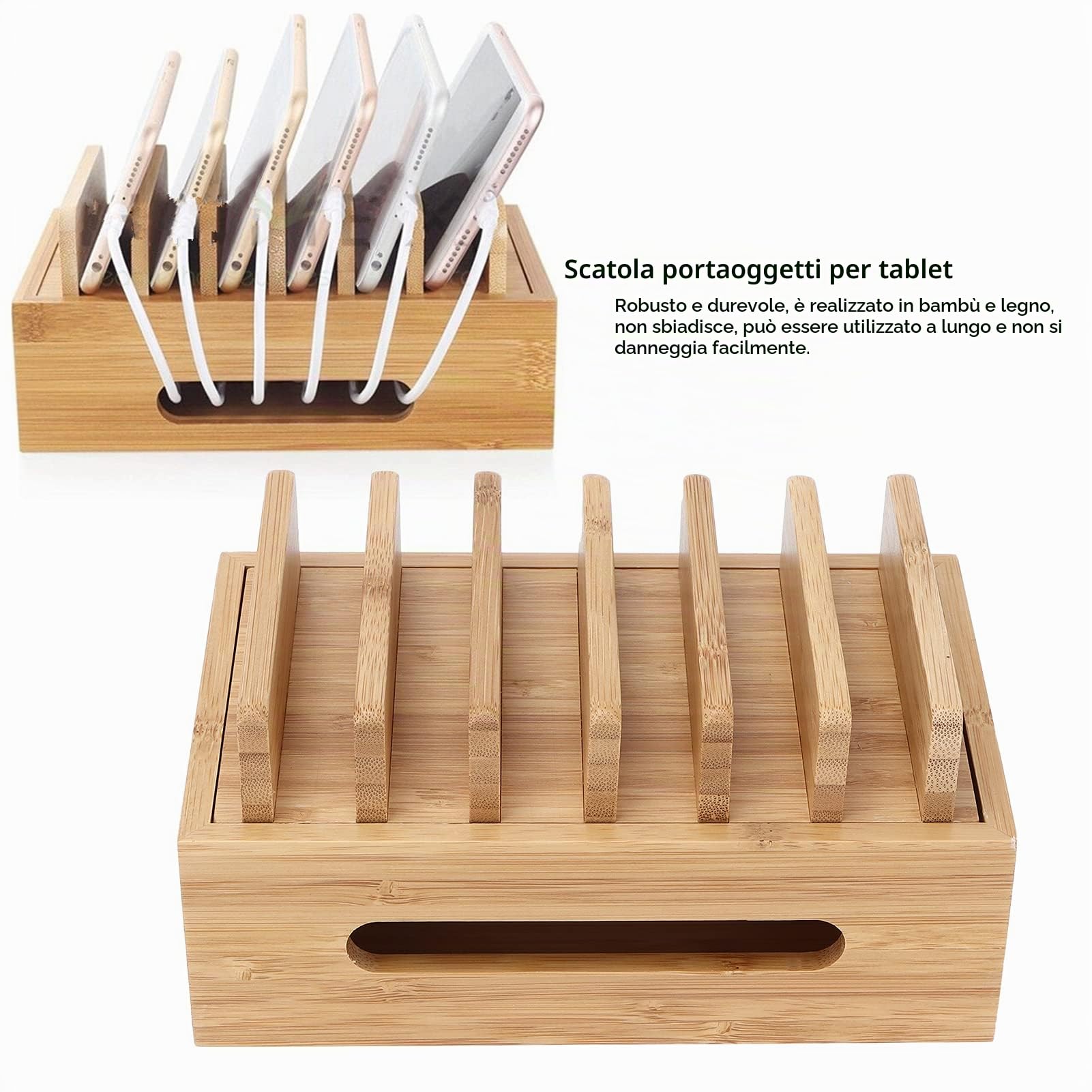 Stazioni di Ricarica in Legno per Dispositivi Multipli, Organizer Portatile per Caricabatterie per Stazione Dock da Tavolo per Telefoni Cellulari, Tablet, Auricolari, Orologi