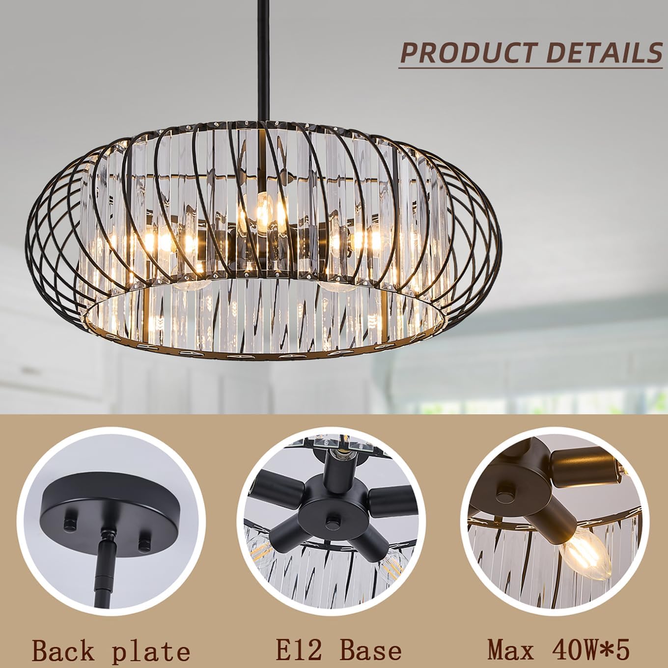 5-Light Semi Flush Mount Ceiling Light, Metal Cage Hallway Ceiling Lamps, Farmhouse Ceiling Light Fixture, Industrial Crystal Chandelier for Corridor Bathroom Kitchen (Black, 19 Inch)