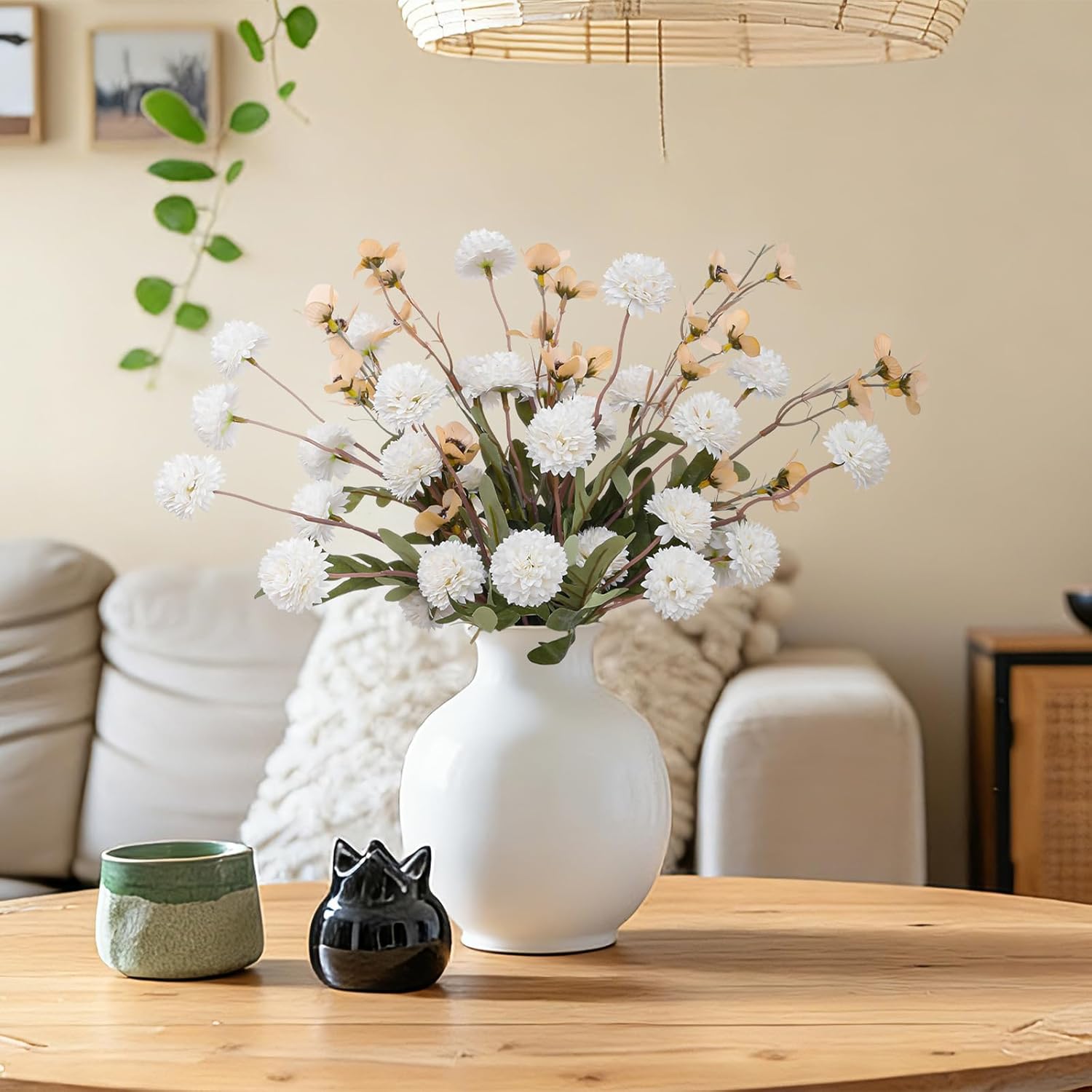 Faux Flowers for Vase,8 pcs Artificial Pom Pom Chrysanthemum Flowers with Wild Flowers,Spring Floral Stems Arrangements for Home Decor, Centerpieces for Tables, Rustic Decorations