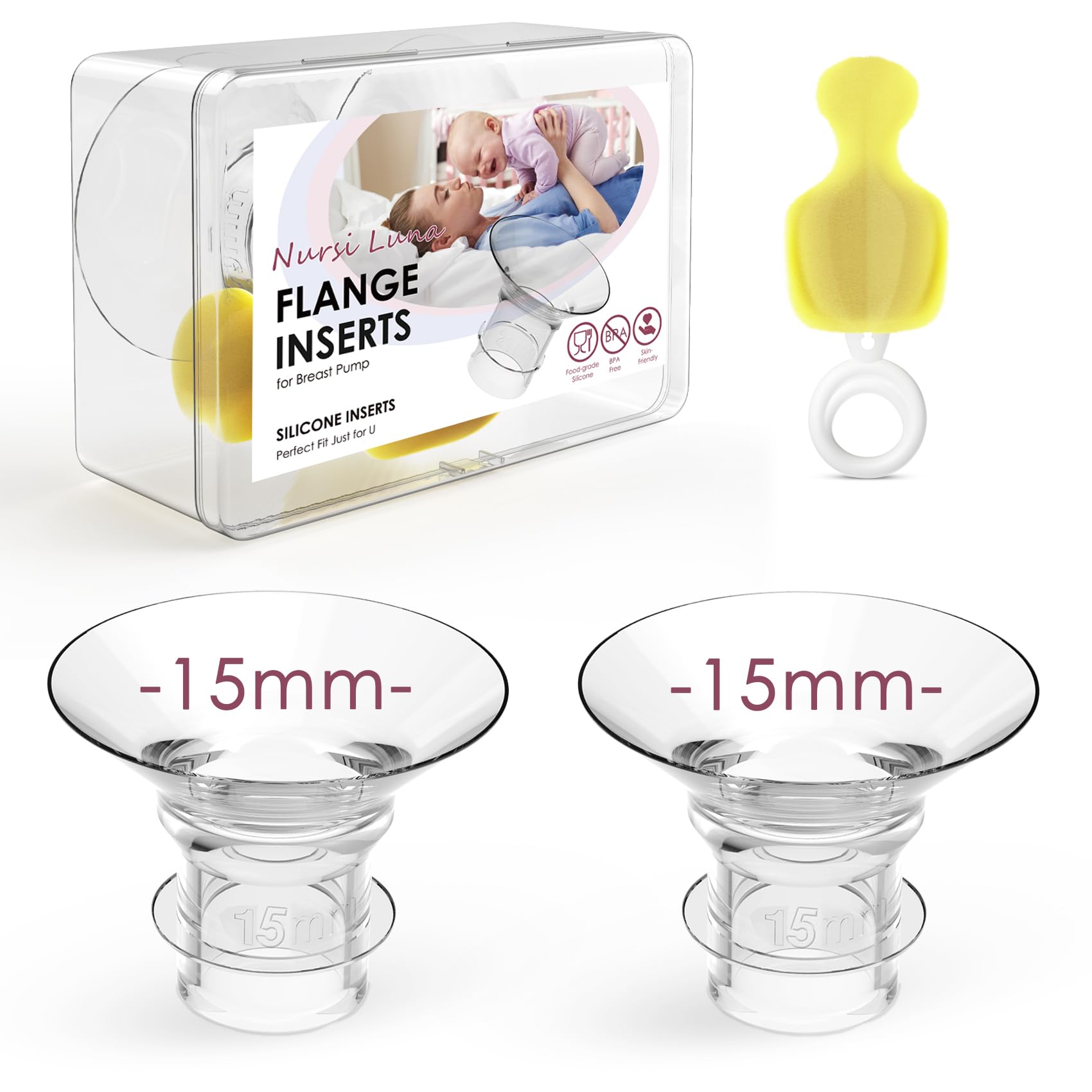 Flange Inserts 15mm for 24mm Flange/Shield of Most Pumps, Flange Sizing Kit Silicone Flange Insert, Reduce 24mm Nipple Tunnel Down to 13mm, Breastfeeding Essentials Kit for New Moms, 2PCS
