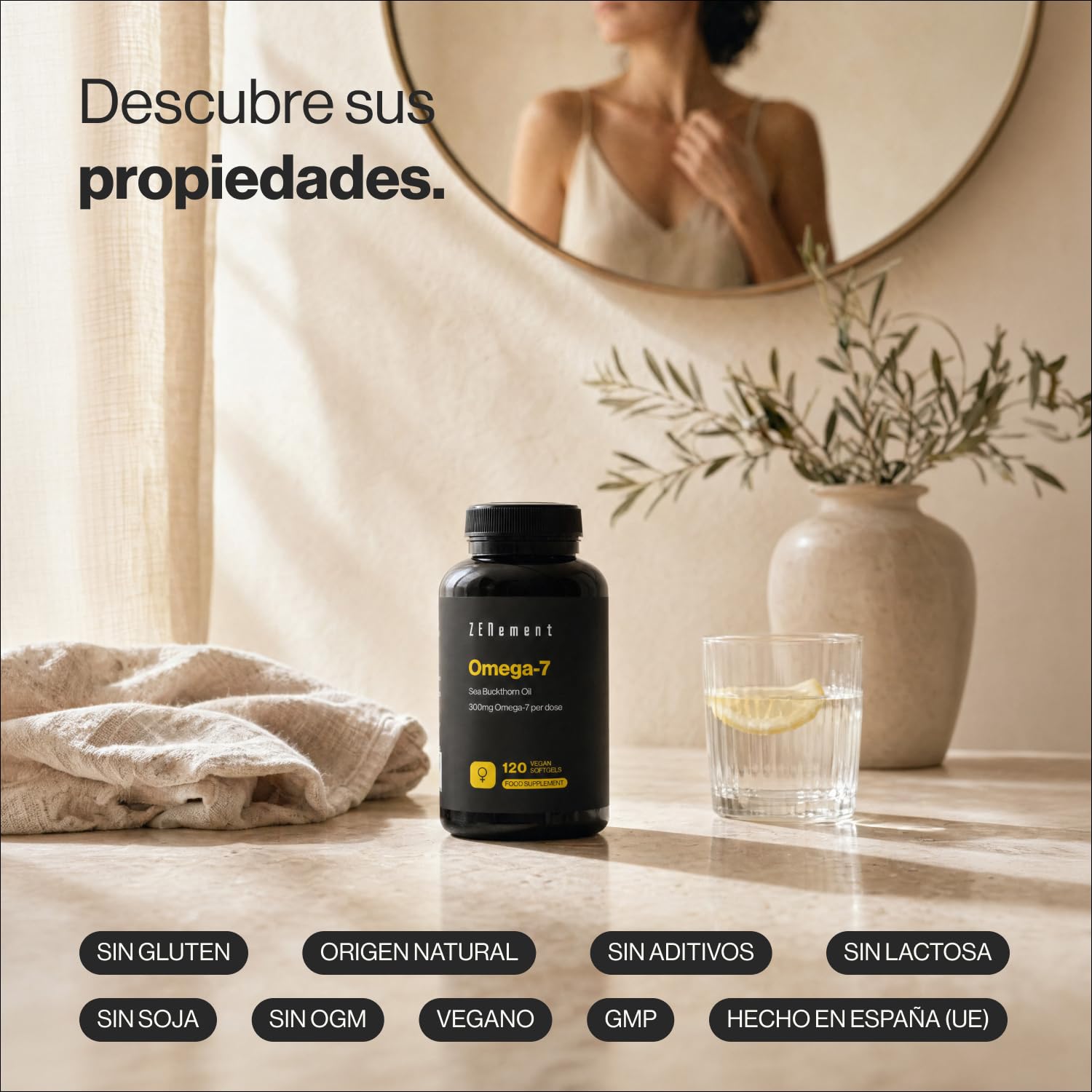 Omega-7 - Vegano - 1200 mg de Aceite de Espino Amarillo de los cuales 300 mg de Omega-7 (Ácido Palmitoleico) por Dosis Diaria - Cápsula blanda - 2 Meses de Uso – Zenement
