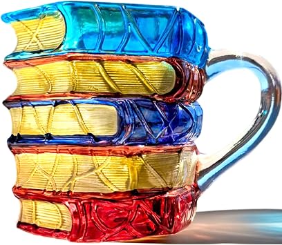 ZAGEVIVIN Handpainted Glass Book Stack Mug, 7oz, Literary Design Coffee Tea Cup for Readers and WritersColored, Small