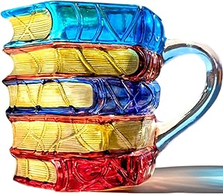 Handpainted Glass Book Stack Mug, 7oz, Literary Design Coffee Tea Cup for Readers and Writers (Small)
