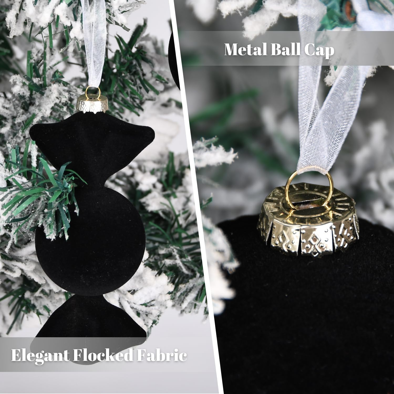 Velvet Ornaments for Christmas Tree Decorations - Black Flocked Christmas Ornament Set for Winter Holiday Decor - Shatterproof Xmas Balls Ornaments Bulk - Pack of 24