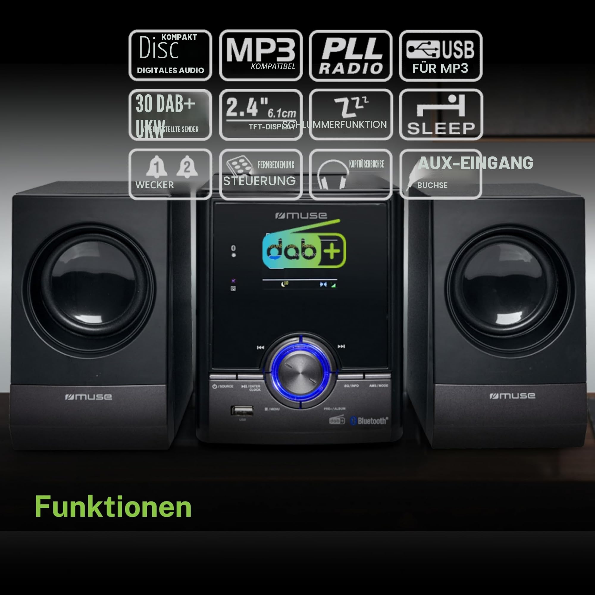 MUSE Stereoanlage, Kompaktanlage mit CD-Player & DAB Radio, Mini Stereoanlage mit 2 Lautsprecher, Musikanlage mit FM/DAB+ Digital-Radio, Bluetooth & AUX, MP3 & Spotify, Musik-Anlage Kompakt
