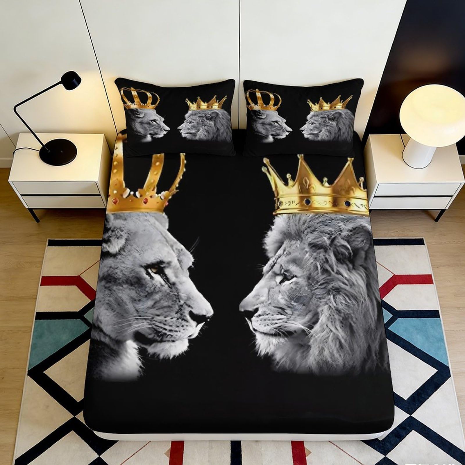 Jqzkxnhpbr Style-1 3D Printed Crown Lion Fitted Sheet Microfiber Black Gold Animal King Mattress Cover Bedroom Dorm Decor 90X200x25cm