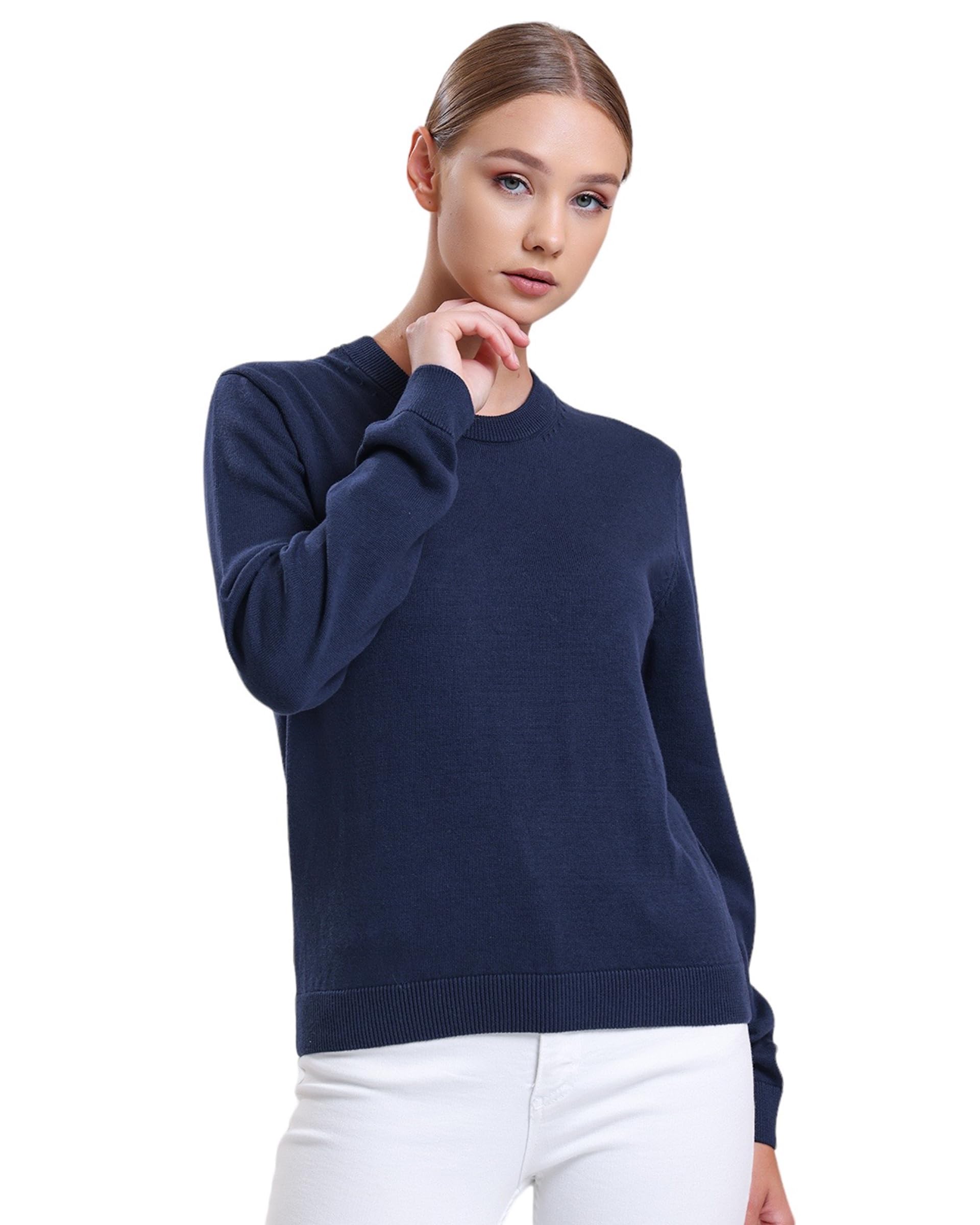 Alsestudio Women's Navy `S Crewneck Jumper 100% Cotton Premium Quality Silk Touch Long Sleeve Pullover Essential Style Knitted Sweaters For (, M)