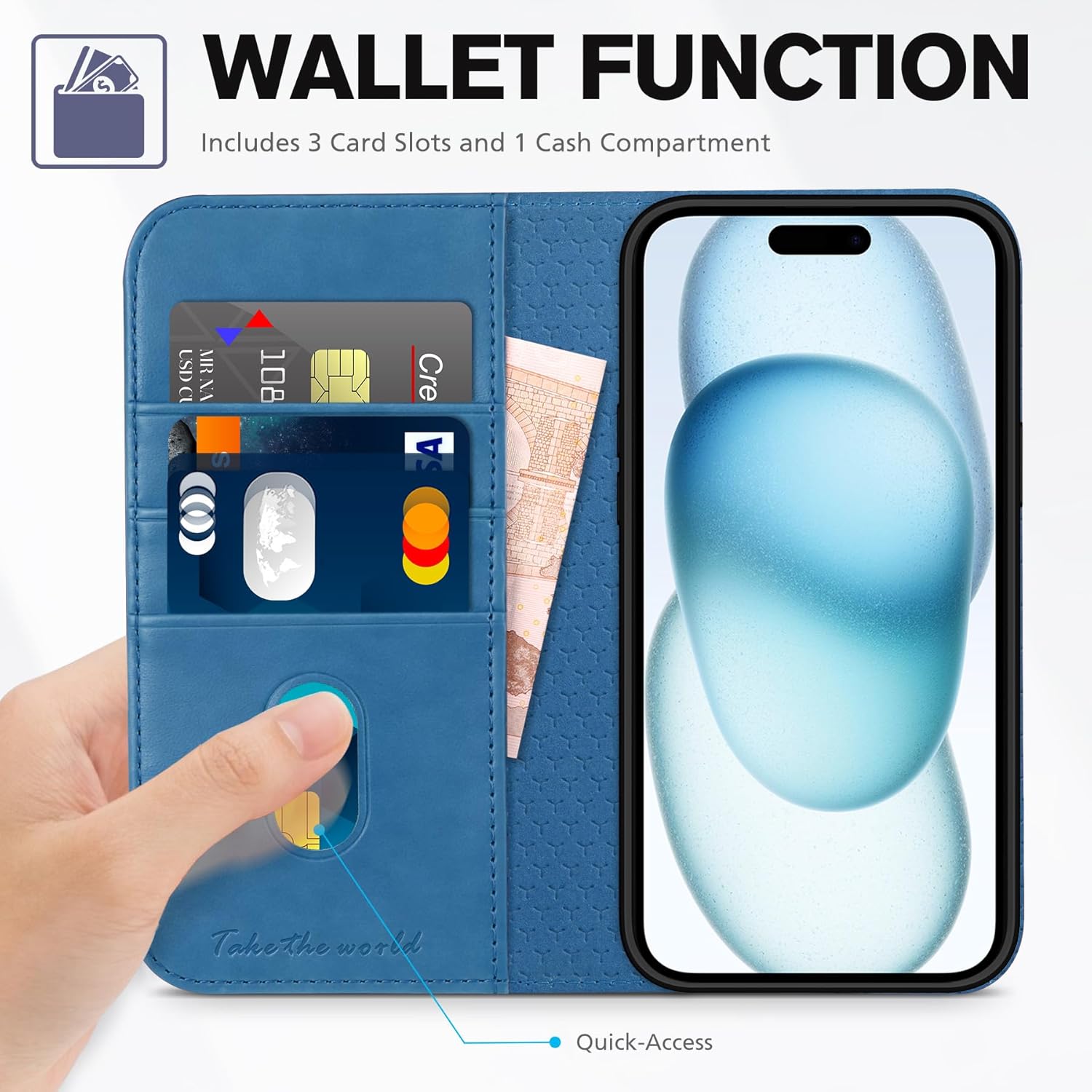 TUCCH Case for iPhone 15 Wallet Case 6.1", Kickstand PU Leather Folio Cover with RFID Blocking 3 Card Slots, Stand Book Design [Shockproof TPU Interior Case] Compatible with iPhone 15 2023, Light Blue - Image 7