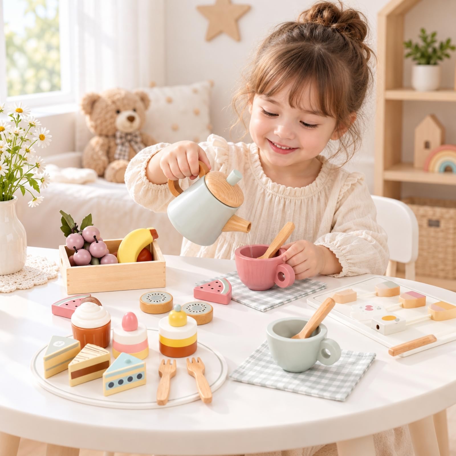 Set l tè del Pomeriggio Giocattolo Senza Sbavature Servizio da tè Giocattolo in Legno Educativo per attività Prescolari