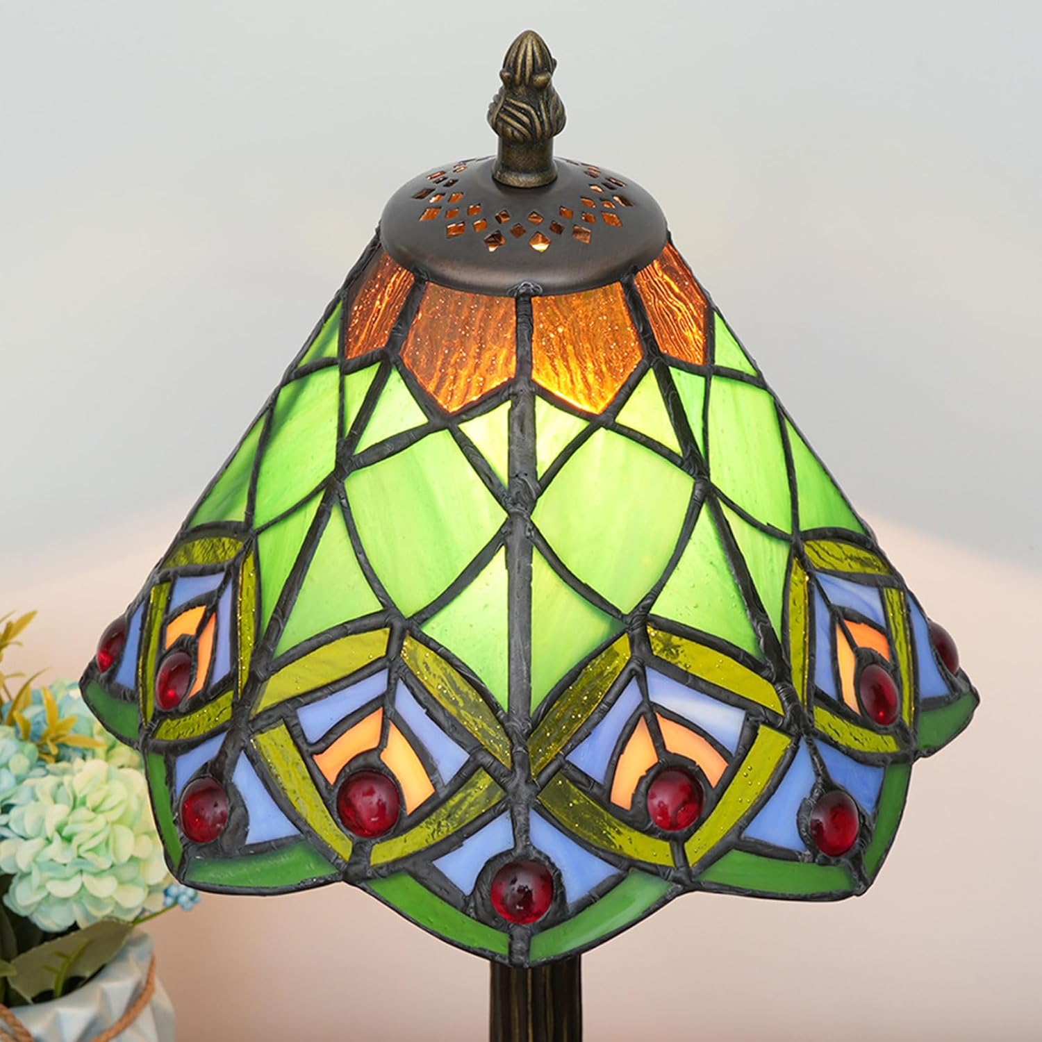 8 Inch Wide Tiffany Lamp Shade Accessories Replacement Only Mission Stained Glass Lampshades Vintage Peacock Glass Beads Light Cover for Table Lamp Pendant Light Fixtures,Green