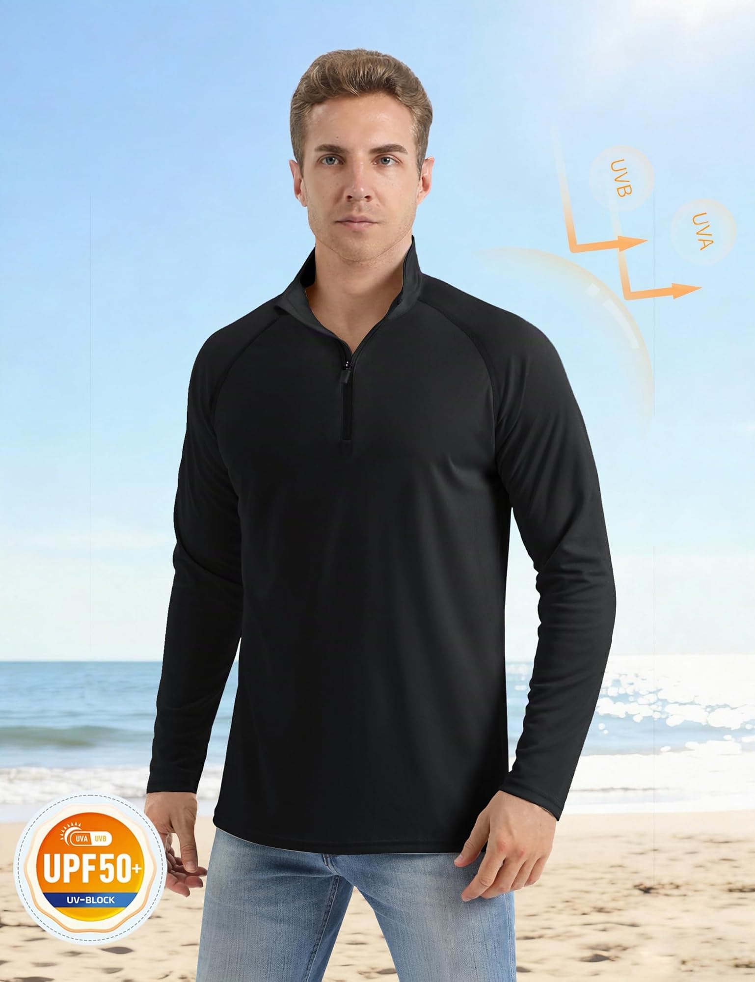 MAGCOMSEN Camiseta Manga Larga Hombre Deporte con Cremallera 1/4, Protección UPF 50+, Secado Rápido, Camiseta Funcional Running