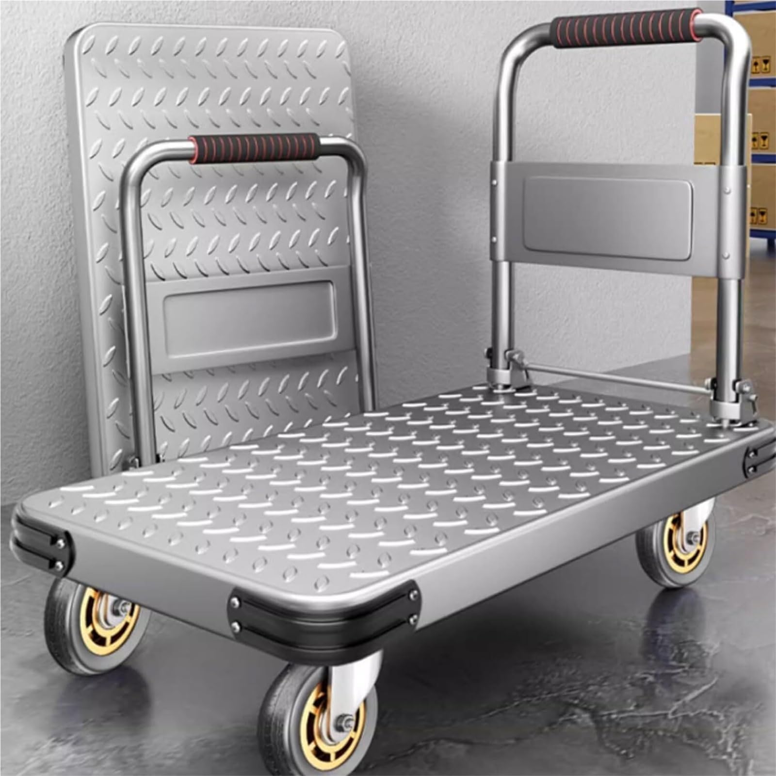 transportwagen Schwerlast-Plattformwagen, Flacher beweglicher Wagen, Handkarren, 450 kg, Stahl-Schiebewagen, 70 x 45 cm, mit 4-Zoll-Schwenkrädern
