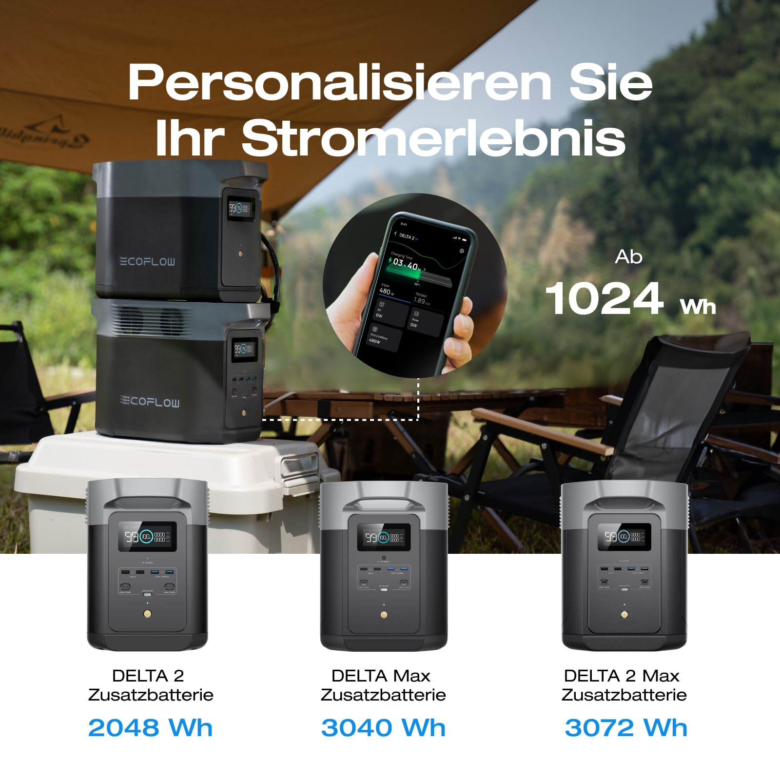 EF ECOFLOW Delta 2 1024Wh Tragbare Powerstation mit XT60i Kabel, Solargenerator mit LiFeP04, erweiterbarer Kapazität bis zu 3kWh, Schnellladung von 0-80% in 50 Mins, Stromaggregat für Camping/Zuhause | LFP Akku, Schnellladung, Solargenerator für Haushalt,