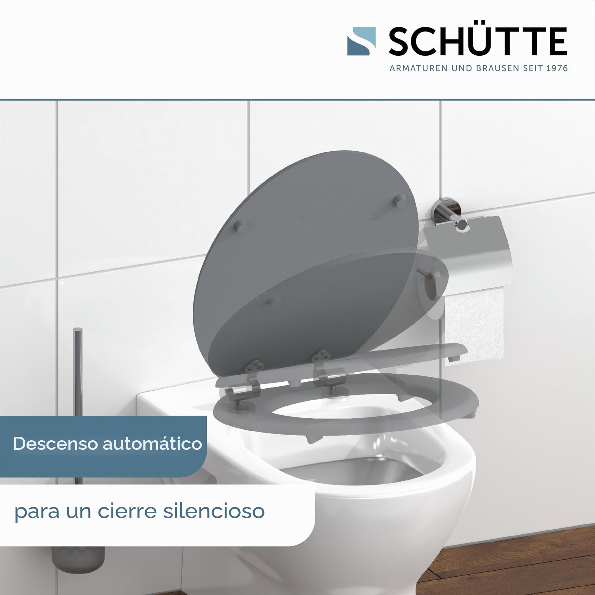 SCHÜTTE Spirit Grey Asiento de inodoro con tapa y descenso automático de núcleo de madera (carga máxima de 150 kg), gris