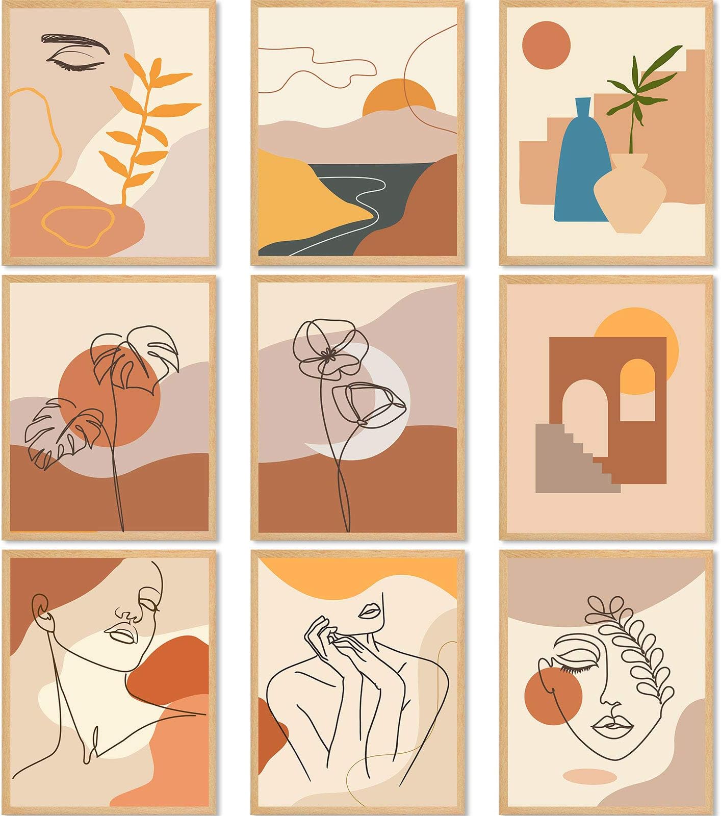 9 Pieces Minimalist Line Wall Art Prints Boho Abstract Modern Aesthetic Art Posters Unframed Woman Face Landscape Geometric Drawing Wall Art for Girls Women Bedroom Dorm Living Room, 8 x 10 Inch
