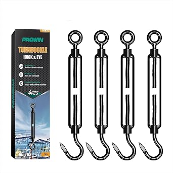 PROWIN 4PCS M6 Hook & Eye Turnbuckle, 304 Stainless Steel | Black Electrophoresis Finish, Heavy Duty Adjustable Tensioner for Shade Sail Wire Rope Chain Clothesline & Tent Installation
