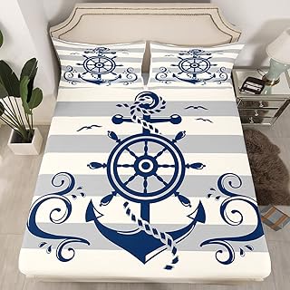 Nautical Compass Fitted Sheet Twin, Retro Anchor Bedding Sets Geometric Stripes Bed Sheets For Kids Boys Teens Adult, Seagull Ocean Wave Bedding Decor Set 2Pcs With 1 Pillow Case, Grey Navy Blue