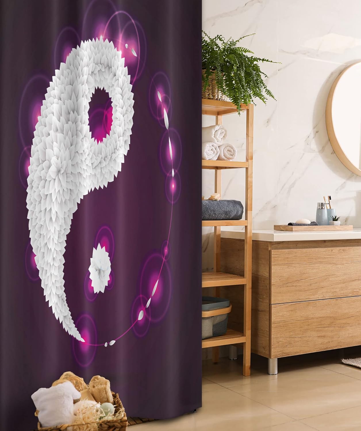 Ambesonne Ying Yang Stall Shower Curtain, Digital Art Origami Leaves Petals and Aura Graphic Ying Yang Cosmos Artwork, Fabric Bathroom Decor Set with Hooks, 36" W x 72" L, Purple White