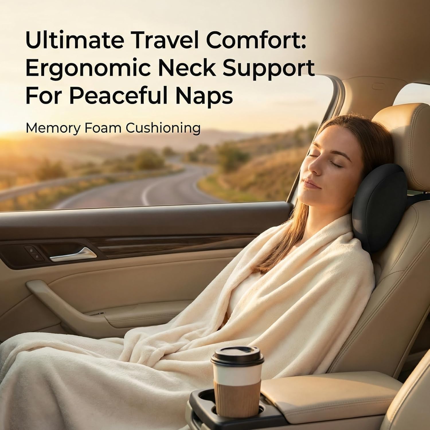 2Pcs Car Neck Pillow, Super Cozy Memory Foam Headrest Pillow with Adjustable Strap & Removable Cover, Ergonomic Support for Driving and Traveling (Black)