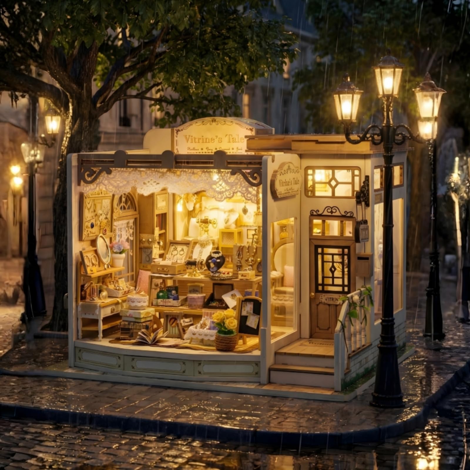 Vitrine's Tale - Kit de casa en miniatura con luz LED - Kit de casa de muñecas - Rompecabezas 3D de madera para casa de libros, rincón de Halloween, cumpleaños para mujeres