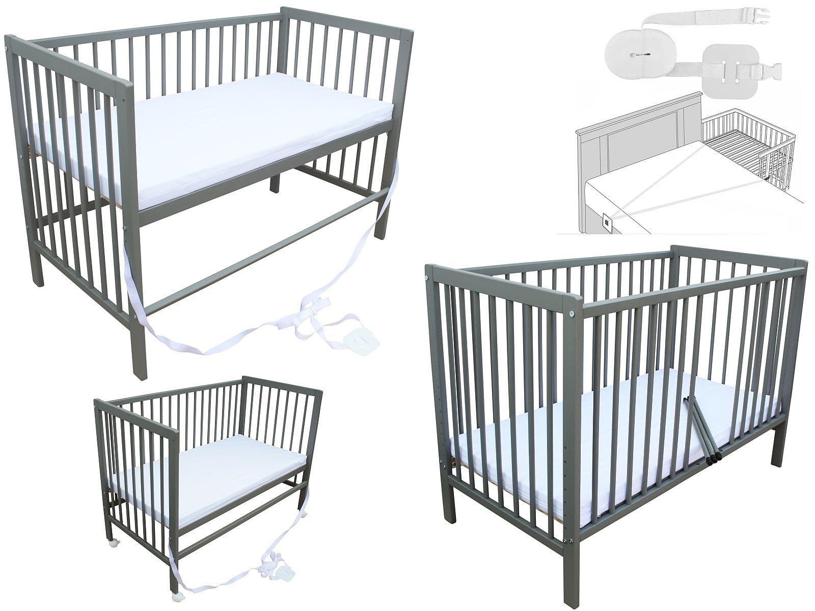 Micoland Kinderbett - Beistellbett - Babybett 120x60 cm umbaubares Bett mit Gurt, Rädern und Matratze (Grau mit Matratze)