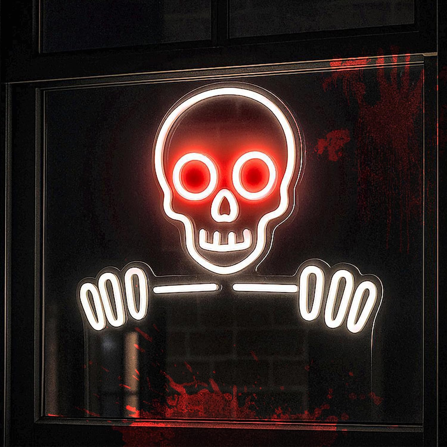 Skull & Skeleton Neon Sign, 16’’×12.6’’ Dimmable LED Wall Light, USB Powered Gothic Room Decor for Bedroom, Party, Bar, Game Room Halloween Christmas Gifts