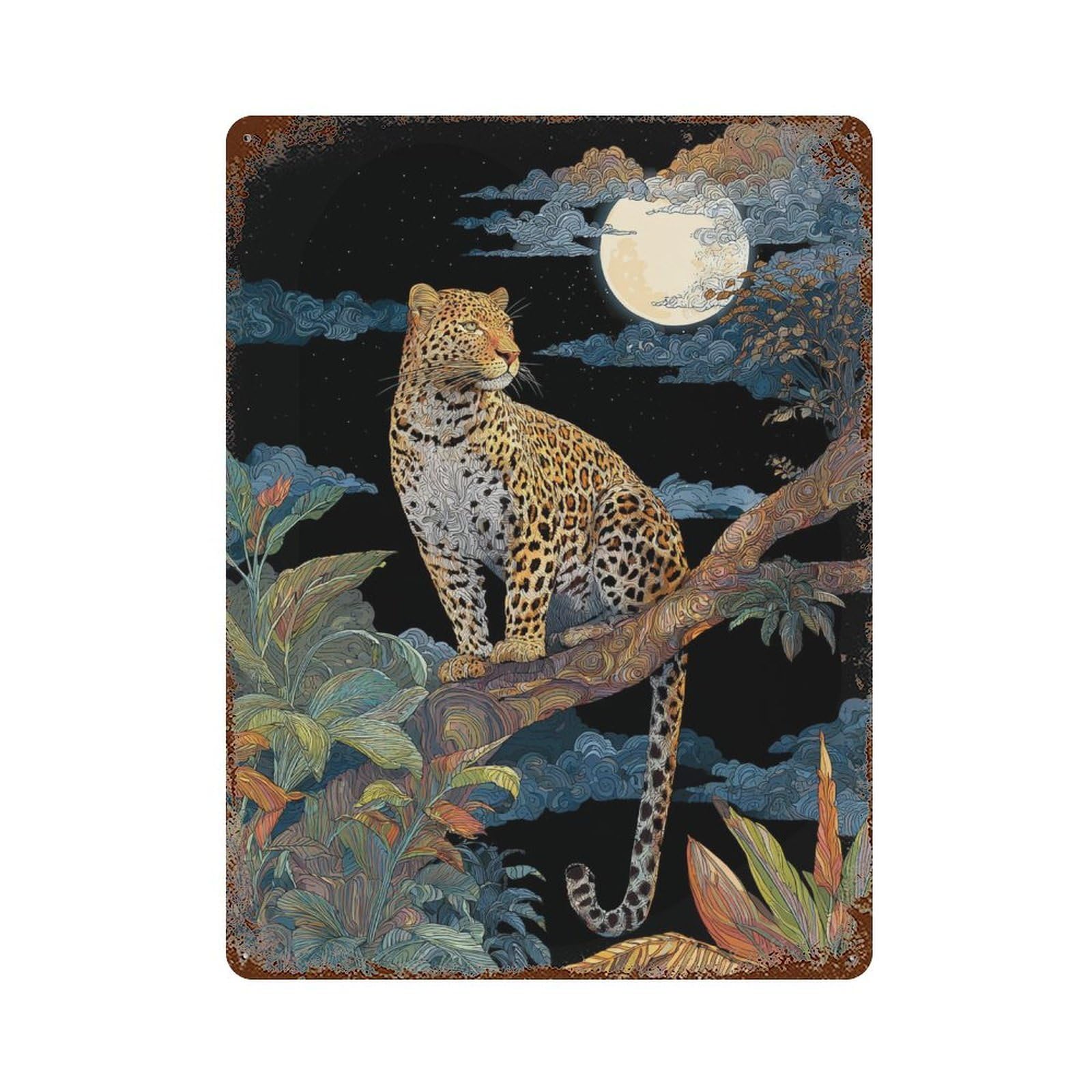 Distressed Metal Wall Sign with Amazon Jungle Moonlit Leopard Design 15.7"x11.8", for Garage, Bar And Workshop Decor, Vintage Wall Decor