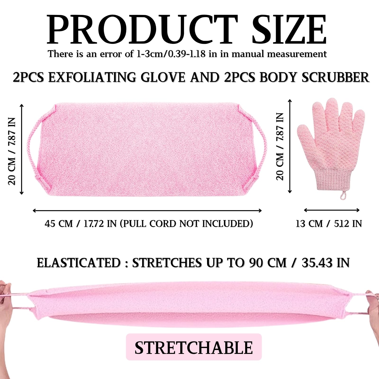 Gant Exfoliant Corps Set, 2 Pièces de Gants Exfoliants et 2 Pièces de Brosse Pour le Dos Douche, Brosse dos Douche et Gant Gommage Corps pour Usage le Corps, le Visage et le Bain (Rose)