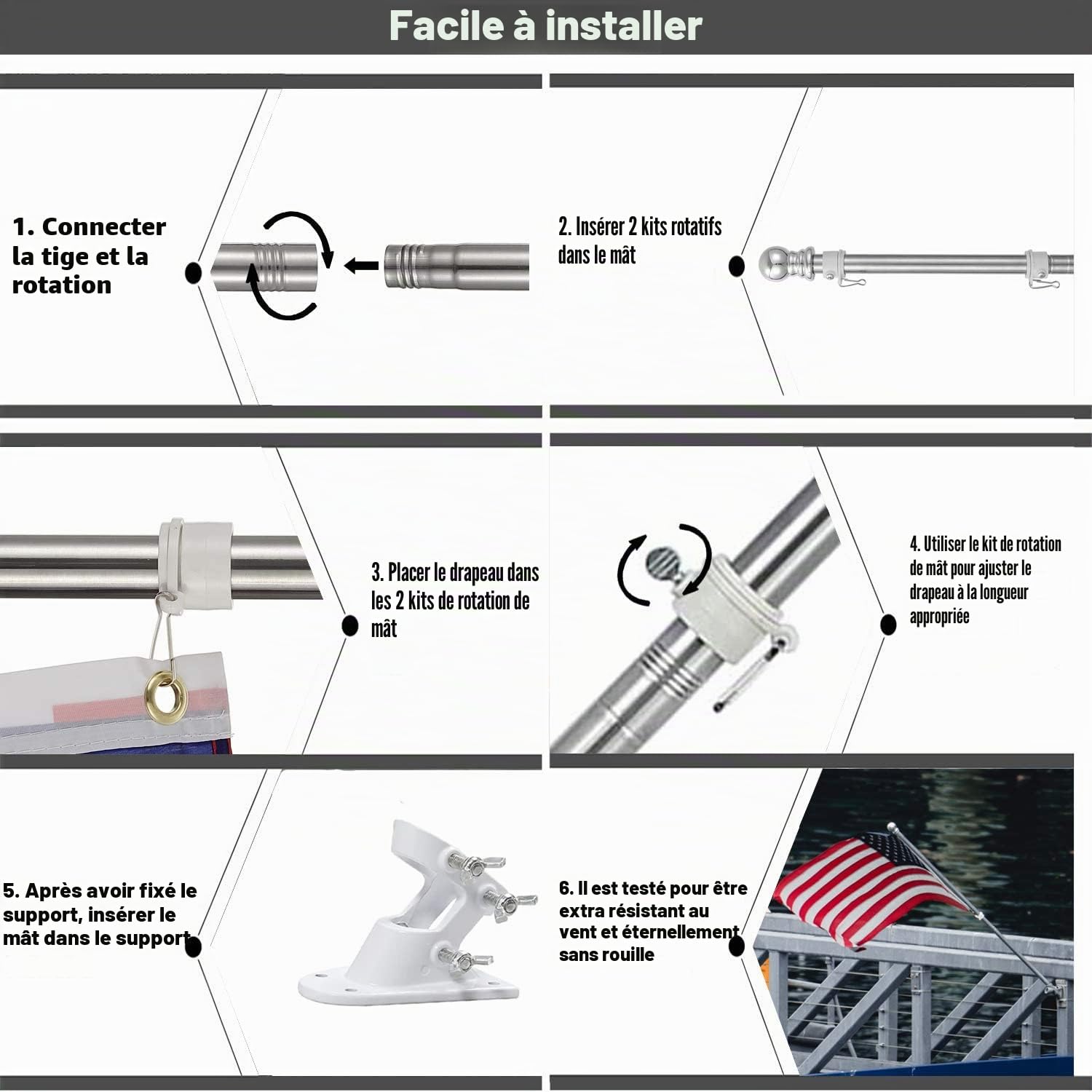 Kit de Mât de Drapeau en Aluminium Argent 180cm, avec Support Mât de Drapeau en Acier Inoxydable à Fixe au Mur avec Anneaux Rotatifs/Base Blanche