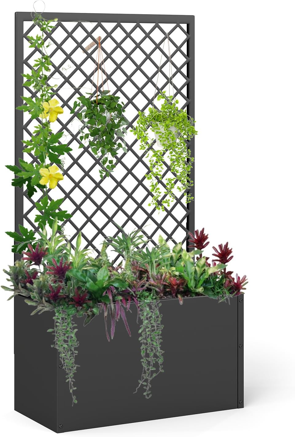 Outdoor Raised Garden Bed with Trellis - Free Standing Planter for Hanging Flower Baskets Lattice Planter Boxes, Black