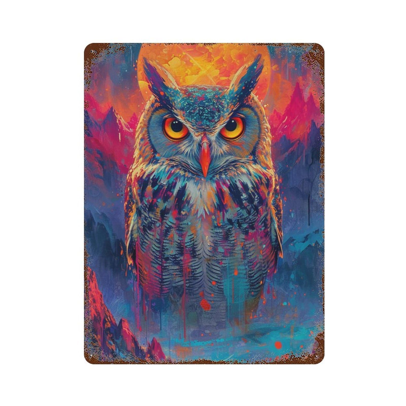 Colorful Fantasy Owl Art Print Vintage Metal Tin Sign 15.7"x11.8", Ideal for Living Room, Hallway And Home Decor