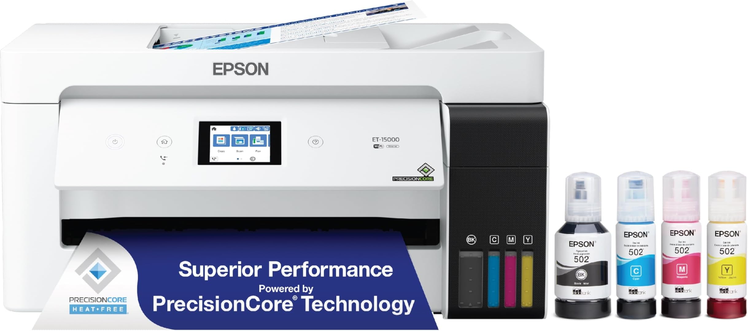 EcoTank ET-15000 Wireless Color All-in-One Supertank Printer with Scanner, Copier, Fax, Ethernet and Printing up to 13 x 19 Inches, White